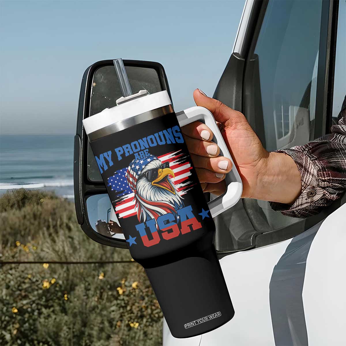My Pronouns Are USA Tumbler With Handle Bold Patriotic Eagle with American Flag Bandana Mullet TS02 Print Your Wear