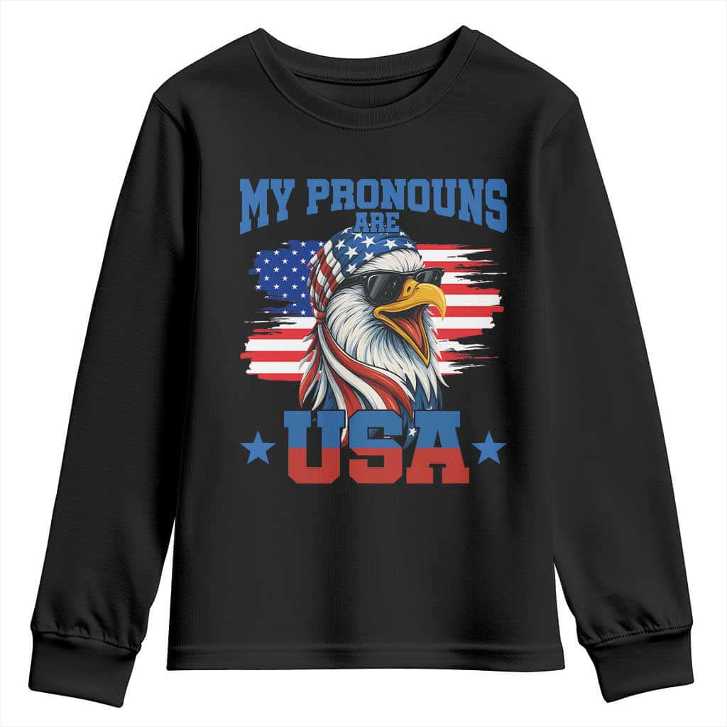 My Pronouns Are USA Youth Sweatshirt Bold Patriotic Eagle with American Flag Bandana Mullet TS02 Black Print Your Wear
