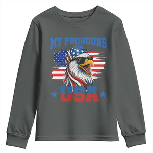 My Pronouns Are USA Youth Sweatshirt Bold Patriotic Eagle with American Flag Bandana Mullet TS02 Dark Heather Print Your Wear