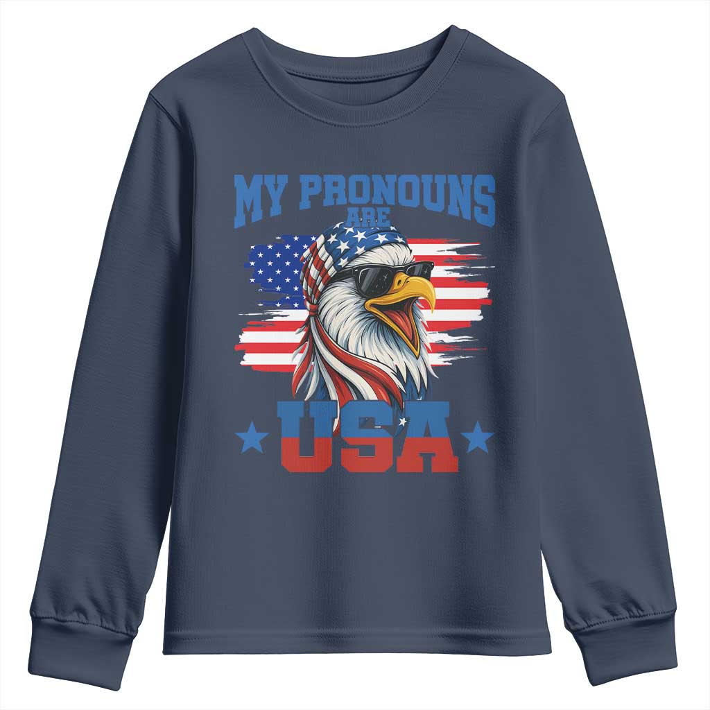 My Pronouns Are USA Youth Sweatshirt Bold Patriotic Eagle with American Flag Bandana Mullet TS02 Navy Print Your Wear