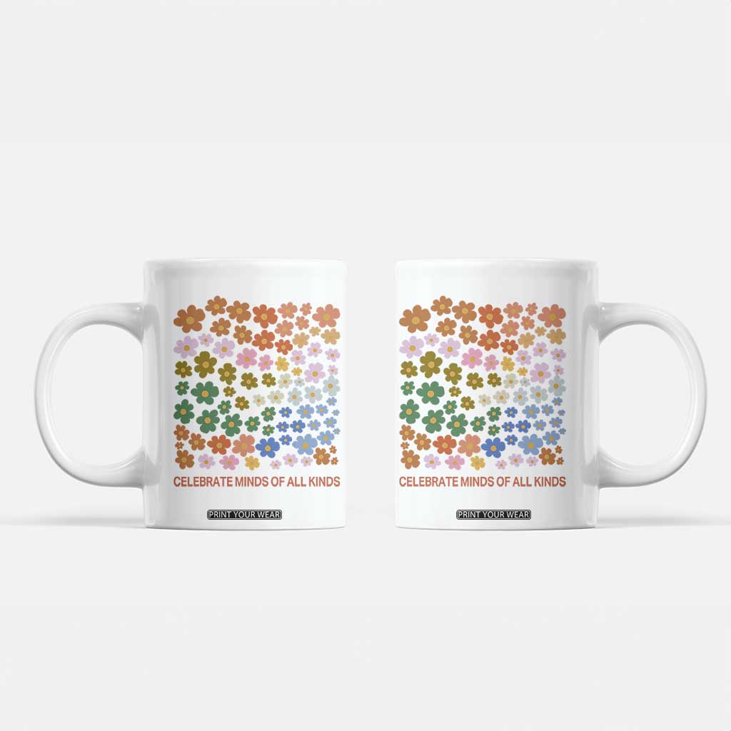 Neurodiversity Boho Floral Coffee Mug Celebrate Minds of All Kinds Autism ADHD ASD TS02 White Print Your Wear