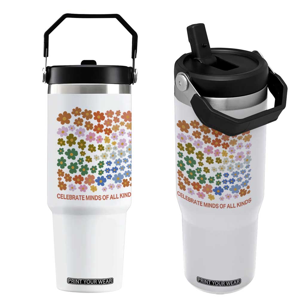 Neurodiversity Boho Floral Flip Straw Tumbler Celebrate Minds of All Kinds Autism ADHD ASD TS02 One Size: 30 oz White Print Your Wear