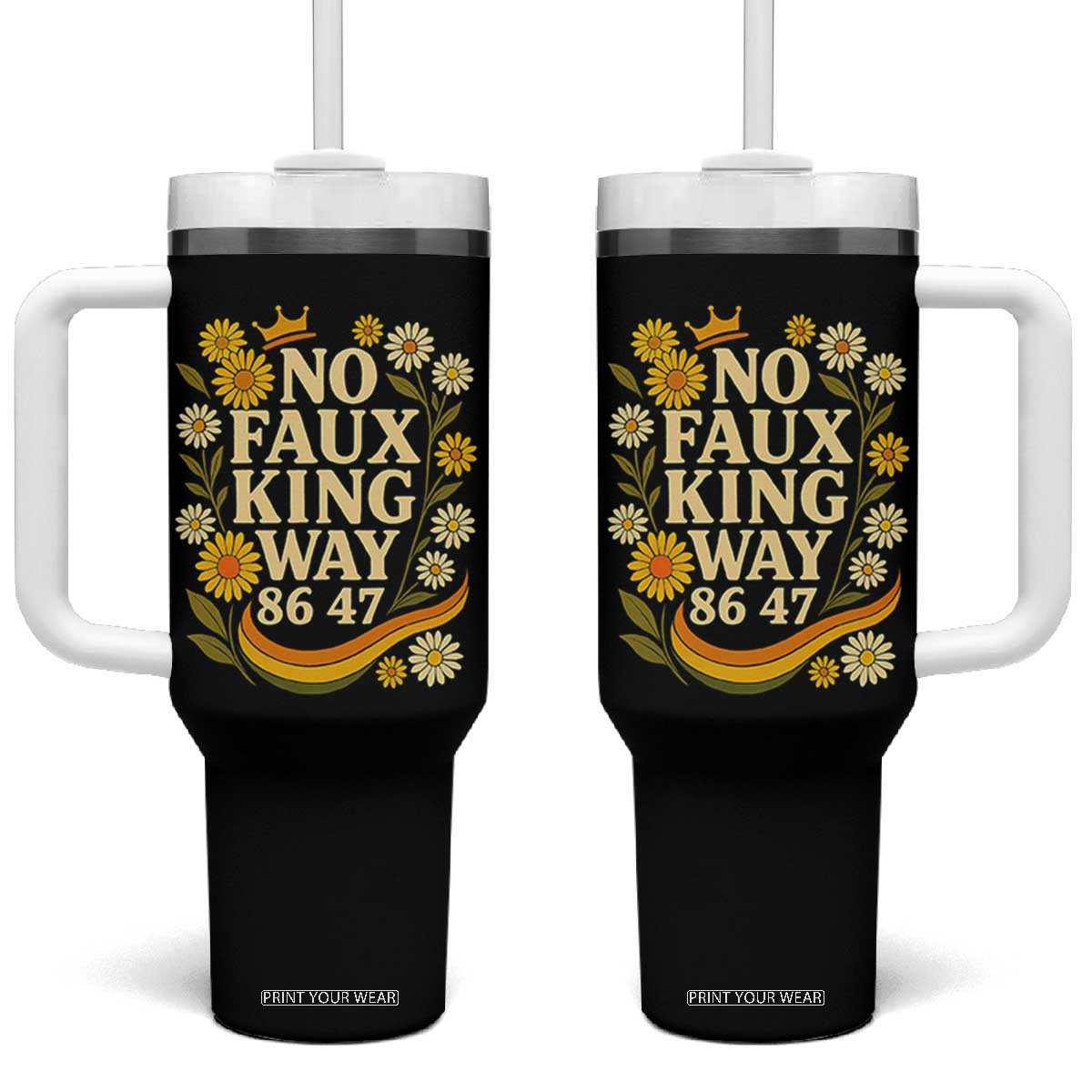 No Faux King Way 8647 Tumbler With Handle Subtle Resist 70s Retro Floral TS02 One Size: 40 oz Black Print Your Wear