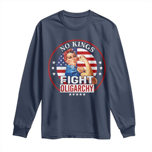 No Kings Fight Oligarchy Long Sleeve Shirt Woman's Girl Vintage America Flag TS11 Navy Print Your Wear