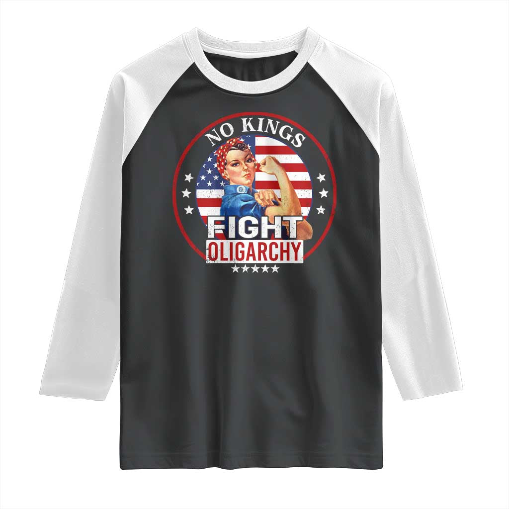 No Kings Fight Oligarchy Raglan Shirt Woman's Girl Vintage America Flag TS11 Black White Print Your Wear