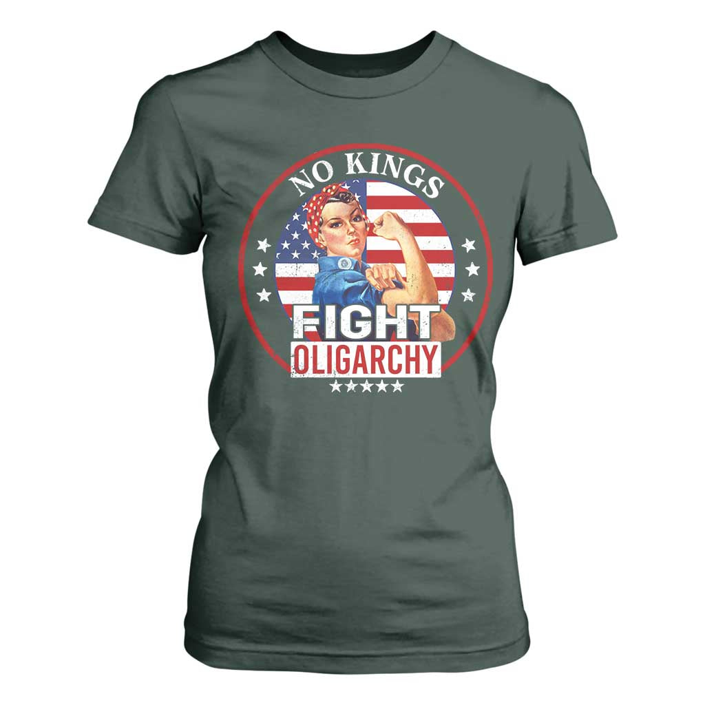 No Kings Fight Oligarchy T Shirt For Women Woman's Girl Vintage America Flag TS11 Dark Forest Green Print Your Wear