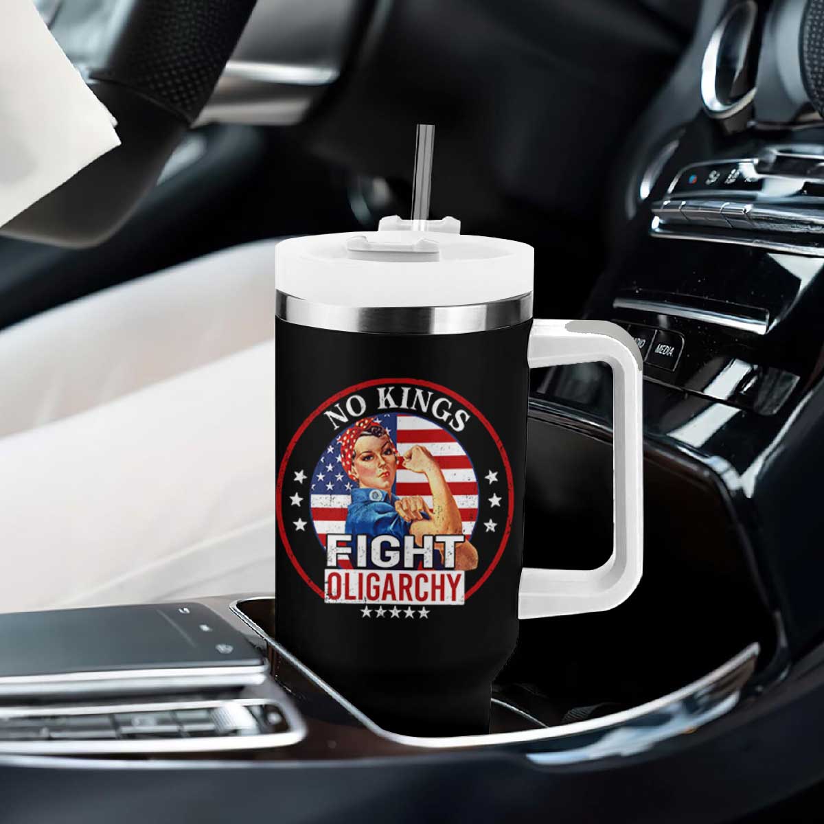 No Kings Fight Oligarchy Tumbler With Handle Woman's Girl Vintage America Flag TS11 Print Your Wear