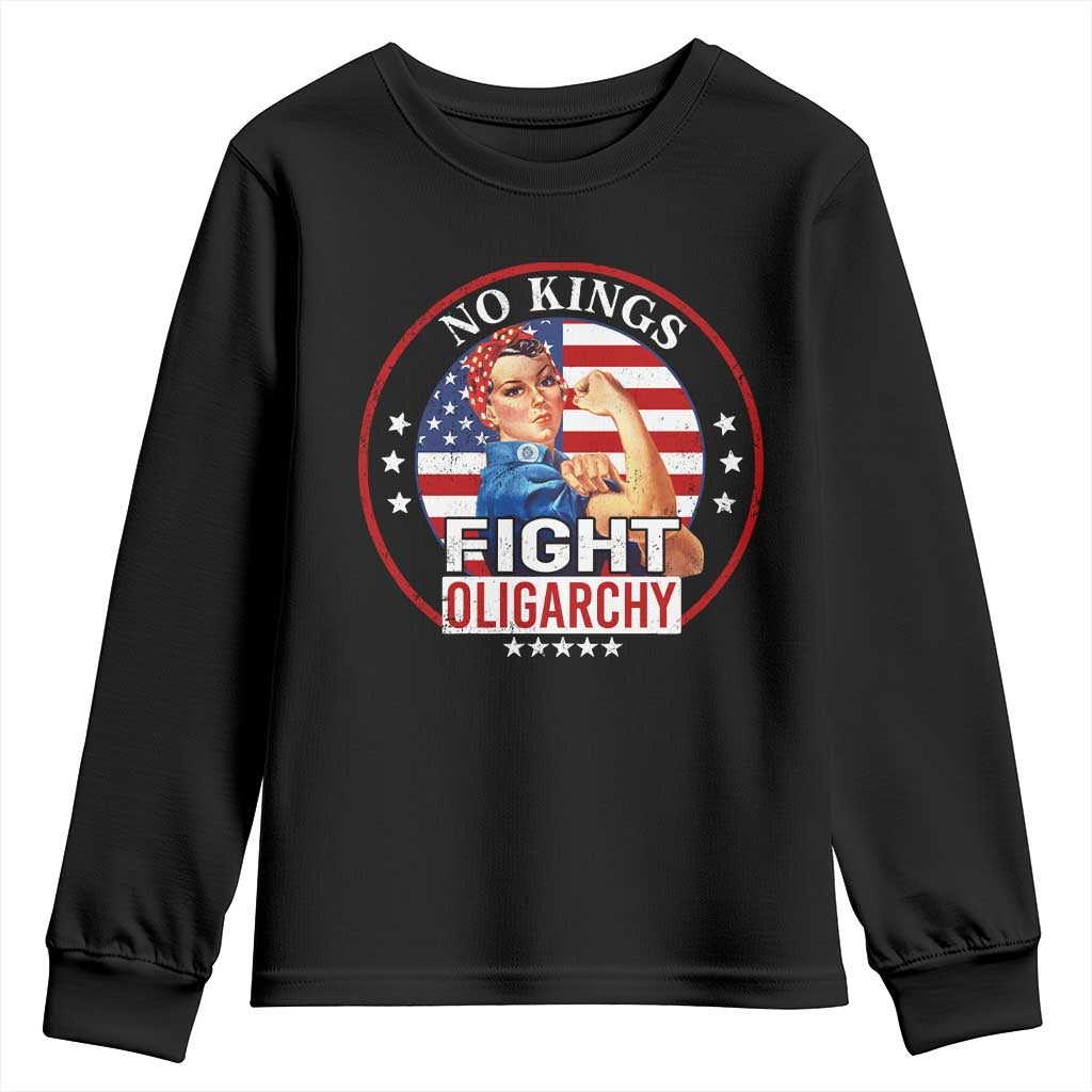 No Kings Fight Oligarchy Youth Sweatshirt Woman's Girl Vintage America Flag TS11 Black Print Your Wear