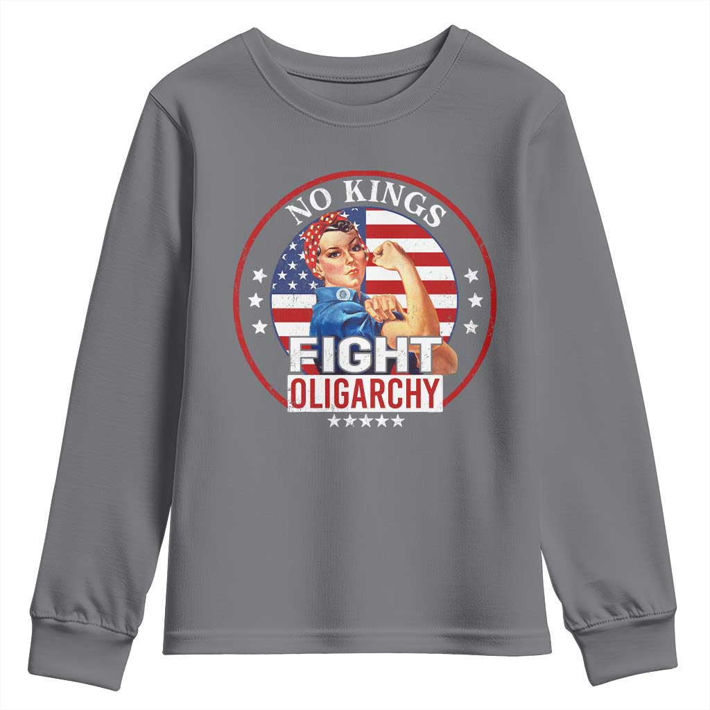 No Kings Fight Oligarchy Youth Sweatshirt Woman's Girl Vintage America Flag TS11 Charcoal Print Your Wear