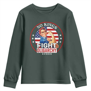 No Kings Fight Oligarchy Youth Sweatshirt Woman's Girl Vintage America Flag TS11 Dark Forest Green Print Your Wear