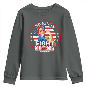 No Kings Fight Oligarchy Youth Sweatshirt Woman's Girl Vintage America Flag TS11 Dark Heather Print Your Wear