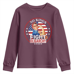 No Kings Fight Oligarchy Youth Sweatshirt Woman's Girl Vintage America Flag TS11 Maroon Print Your Wear