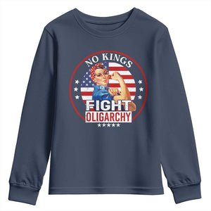 No Kings Fight Oligarchy Youth Sweatshirt Woman's Girl Vintage America Flag TS11 Navy Print Your Wear