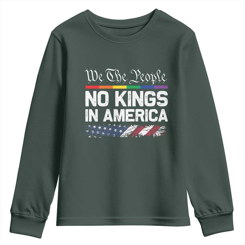 No Kings In America We The People Youth Sweatshirt LGBTQ Pride American Flag Political TS11 Dark Forest Green Print Your Wear