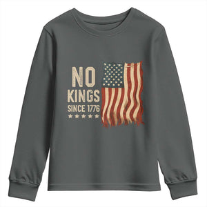 No Kings Since 1776 Youth Sweatshirt Patriotic 4th Of July Distressed American Flag TS02 Dark Heather Print Your Wear