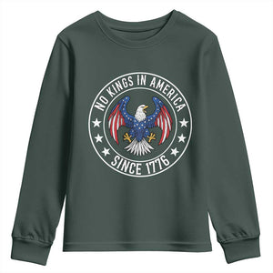 No Kings in America Patriotic Eagle Youth Sweatshirt Since 1776 4th of July USA Independence Day TS02 Dark Forest Green Print Your Wear