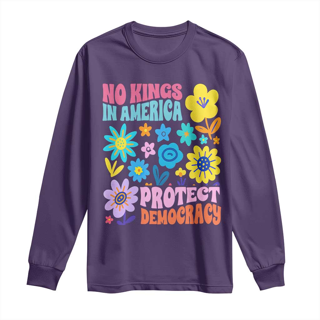 No Kings in America Protect Democracy Long Sleeve Shirt Colorful Flowers Patriotic Feminists TS02 Purple Print Your Wear