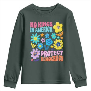 No Kings in America Protect Democracy Youth Sweatshirt Colorful Flowers Patriotic Feminists TS02 Dark Forest Green Print Your Wear
