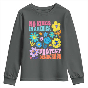 No Kings in America Protect Democracy Youth Sweatshirt Colorful Flowers Patriotic Feminists TS02 Dark Heather Print Your Wear