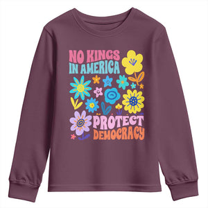 No Kings in America Protect Democracy Youth Sweatshirt Colorful Flowers Patriotic Feminists TS02 Maroon Print Your Wear