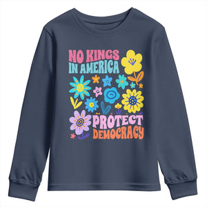 No Kings in America Protect Democracy Youth Sweatshirt Colorful Flowers Patriotic Feminists TS02 Navy Print Your Wear