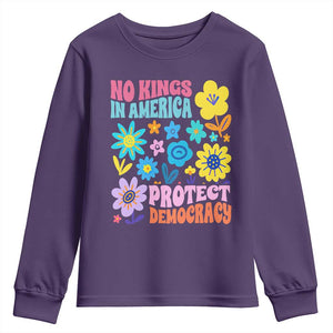 No Kings in America Protect Democracy Youth Sweatshirt Colorful Flowers Patriotic Feminists TS02 Purple Print Your Wear