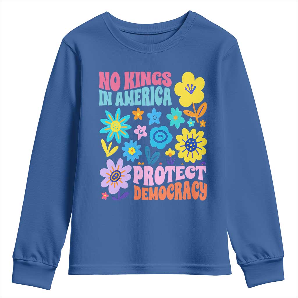 No Kings in America Protect Democracy Youth Sweatshirt Colorful Flowers Patriotic Feminists TS02 Royal Blue Print Your Wear