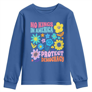 No Kings in America Protect Democracy Youth Sweatshirt Colorful Flowers Patriotic Feminists TS02 Royal Blue Print Your Wear