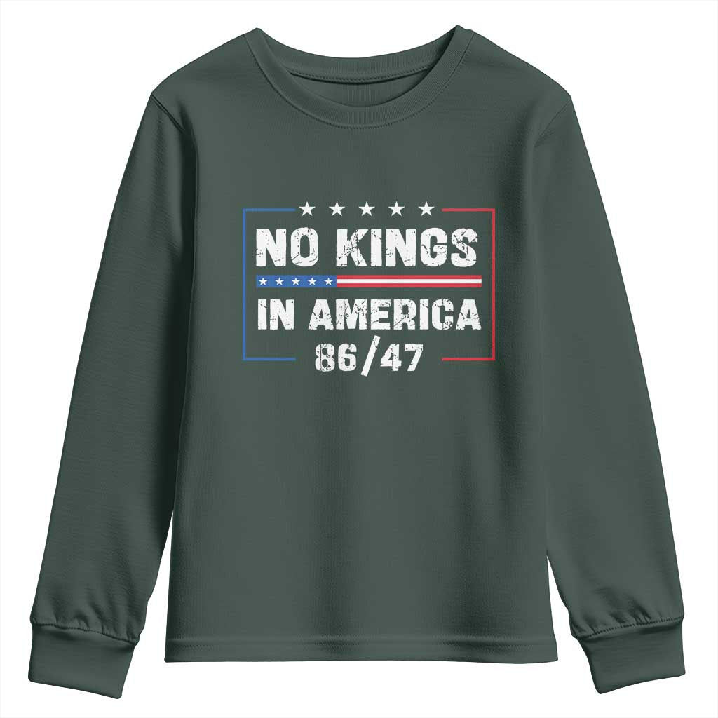 No Kings in America Youth Sweatshirt 86 47 Impeach 47 TS10 Dark Forest Green Print Your Wear