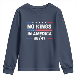 No Kings in America Youth Sweatshirt 86 47 Impeach 47 TS10 Navy Print Your Wear