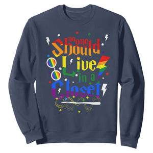 No One Should Live in a Closet Sweatshirt LGBTQ+ Pride Empowerment Ally TS02 Navy Print Your Wear