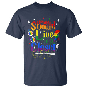 No One Should Live in a Closet T Shirt LGBTQ+ Pride Empowerment Ally TS02 Navy Print Your Wear