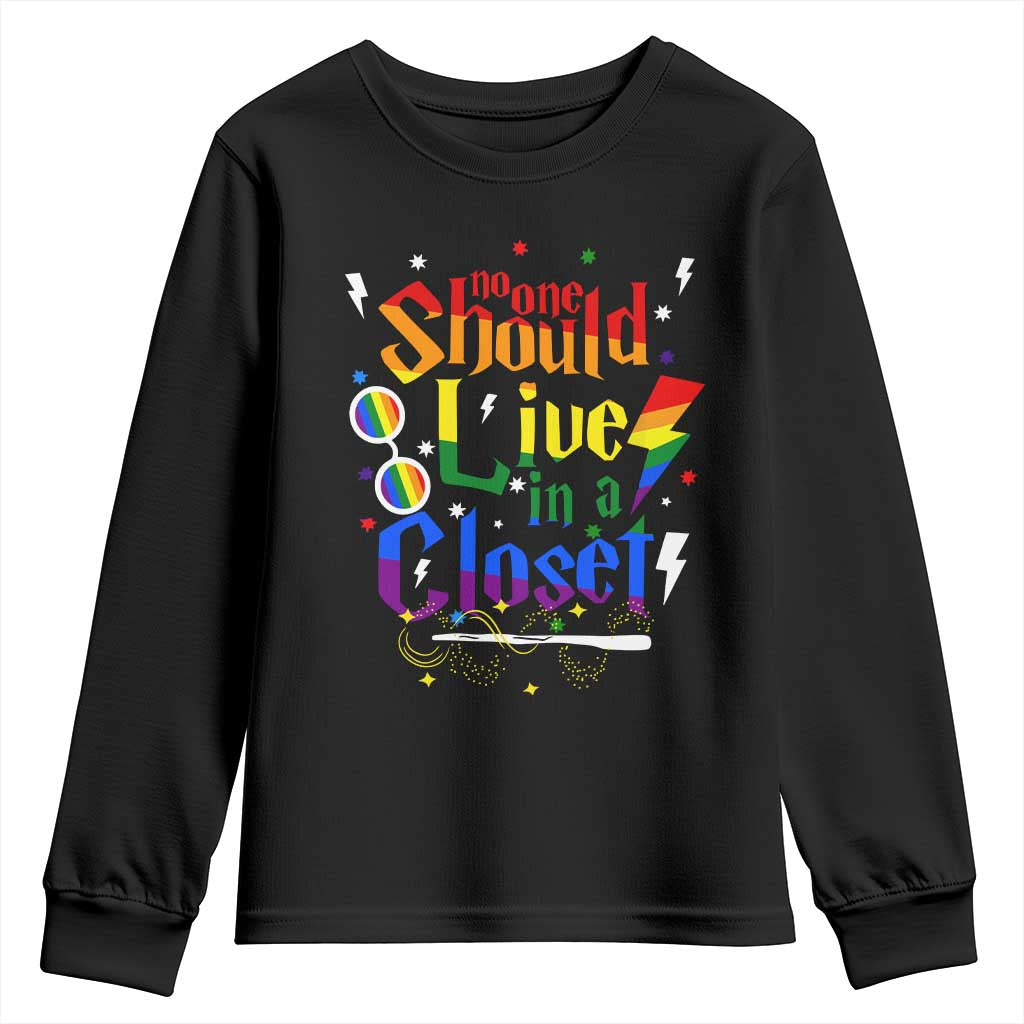 No One Should Live in a Closet Youth Sweatshirt LGBTQ+ Pride Empowerment Ally TS02 Black Print Your Wear
