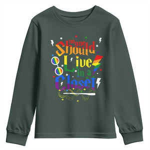 No One Should Live in a Closet Youth Sweatshirt LGBTQ+ Pride Empowerment Ally TS02 Dark Forest Green Print Your Wear