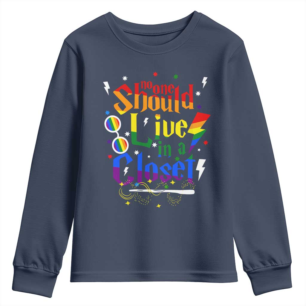 No One Should Live in a Closet Youth Sweatshirt LGBTQ+ Pride Empowerment Ally TS02 Navy Print Your Wear