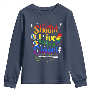 No One Should Live in a Closet Youth Sweatshirt LGBTQ+ Pride Empowerment Ally TS02 Navy Print Your Wear
