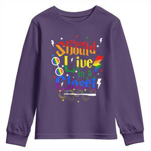 No One Should Live in a Closet Youth Sweatshirt LGBTQ+ Pride Empowerment Ally TS02 Purple Print Your Wear