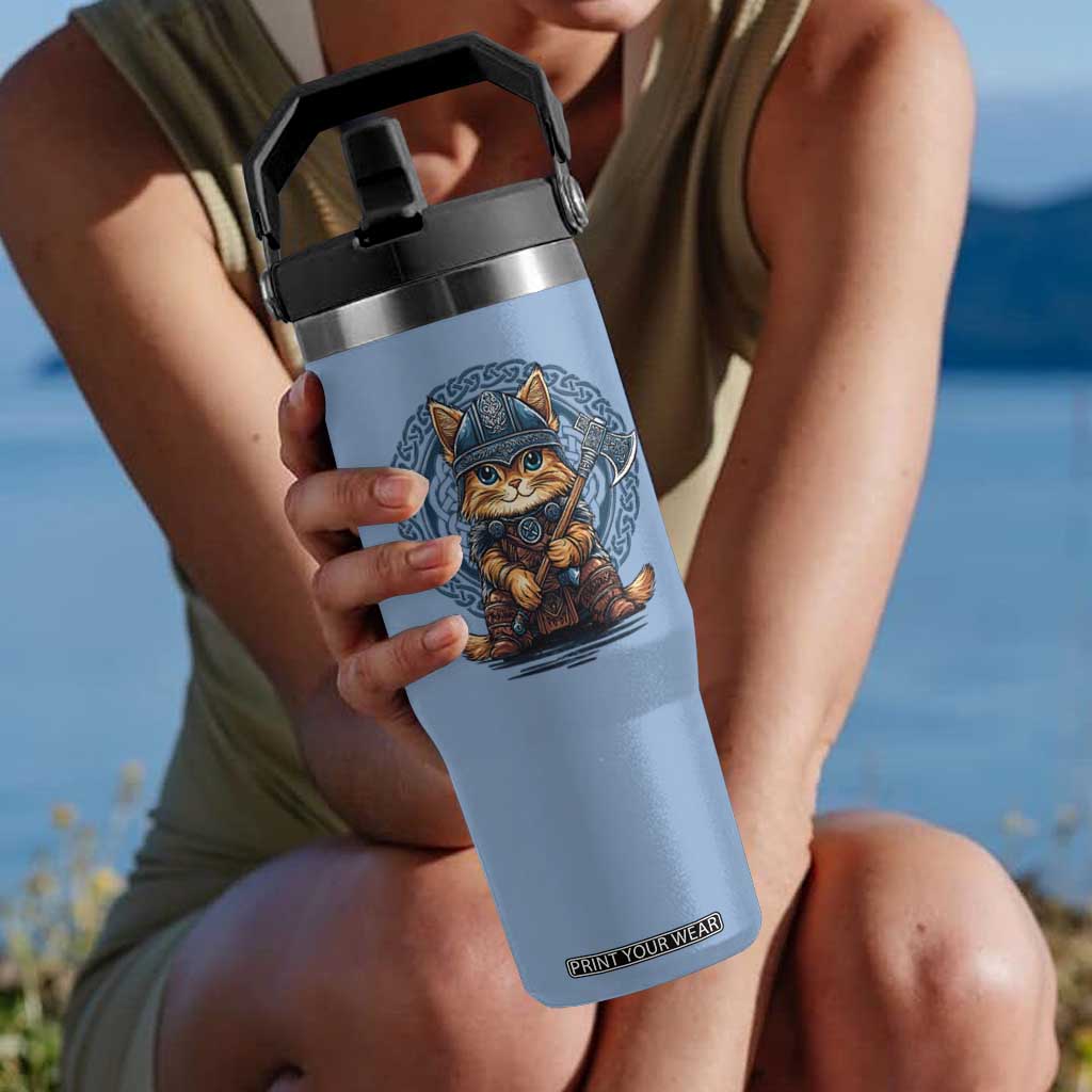 Nordic Norse Viking Cat Warrior Flip Straw Tumbler TS09 One Size: 30 oz Light Blue Print Your Wear