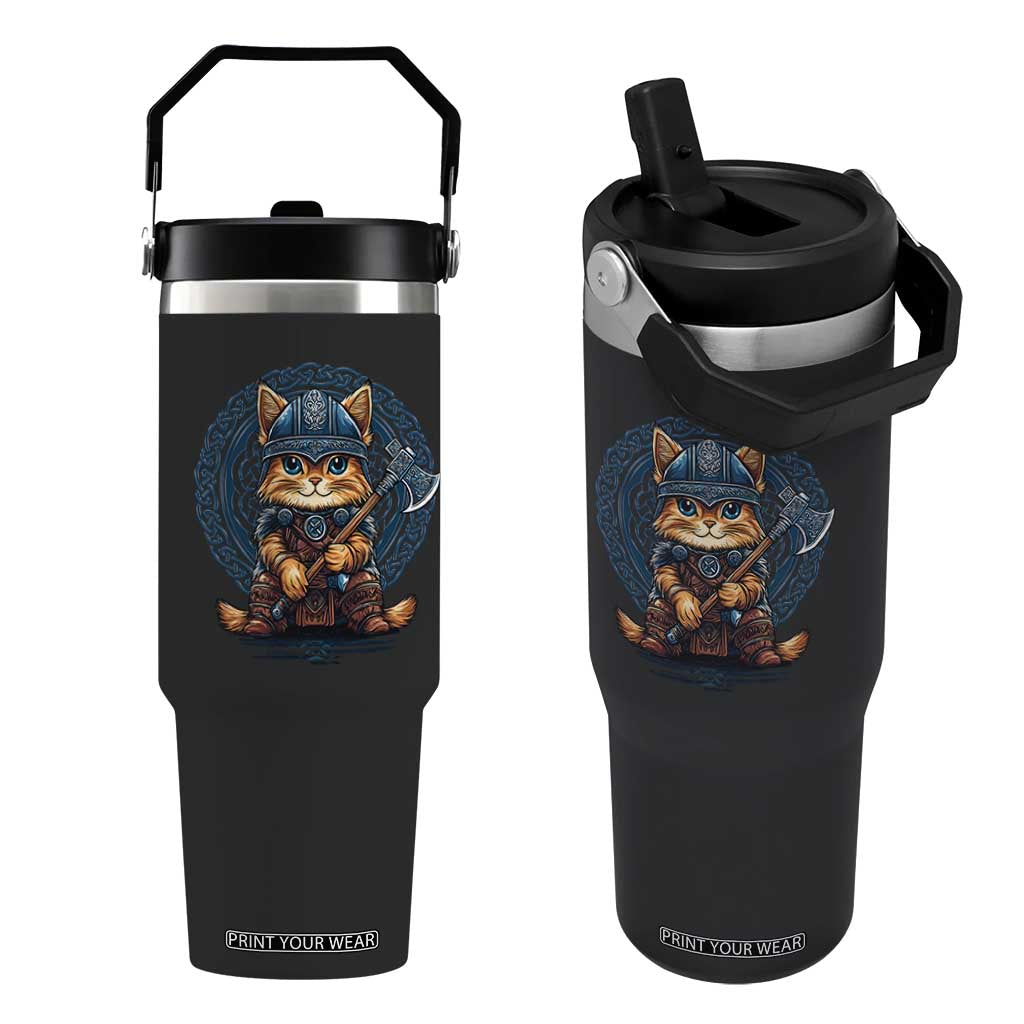 Nordic Norse Viking Cat Warrior Flip Straw Tumbler TS09 One Size: 30 oz Black Print Your Wear