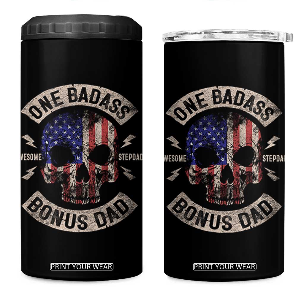 One Badass Bonus Dad 4 in 1 Can Cooler Tumbler Vintage Step Dad American Flag Fathers Day TS10 One Size: 16 oz Black Print Your Wear