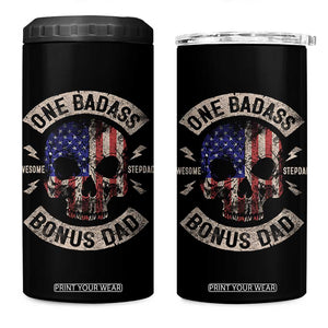 One Badass Bonus Dad 4 in 1 Can Cooler Tumbler Vintage Step Dad American Flag Fathers Day TS10 One Size: 16 oz Black Print Your Wear