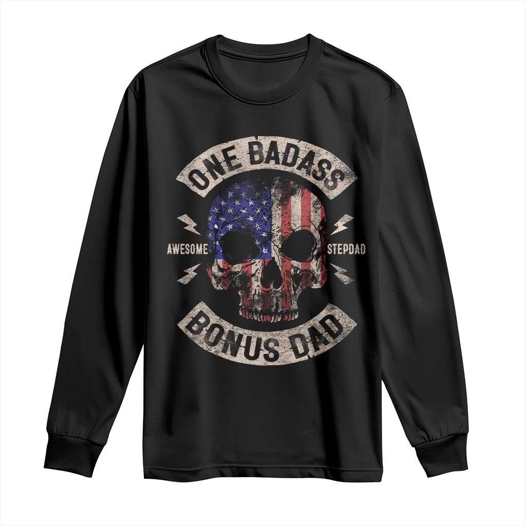 One Badass Bonus Dad Long Sleeve Shirt Vintage Step Dad American Flag Fathers Day TS10 Black Print Your Wear