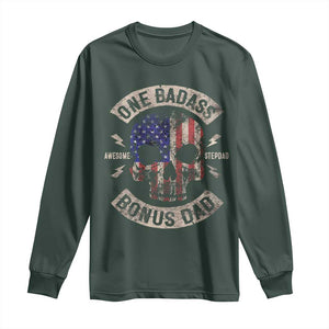 One Badass Bonus Dad Long Sleeve Shirt Vintage Step Dad American Flag Fathers Day TS10 Dark Forest Green Print Your Wear