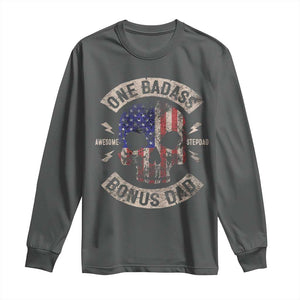 One Badass Bonus Dad Long Sleeve Shirt Vintage Step Dad American Flag Fathers Day TS10 Dark Heather Print Your Wear