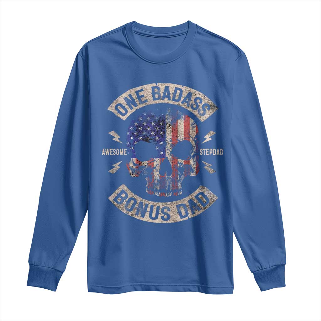 One Badass Bonus Dad Long Sleeve Shirt Vintage Step Dad American Flag Fathers Day TS10 Royal Blue Print Your Wear