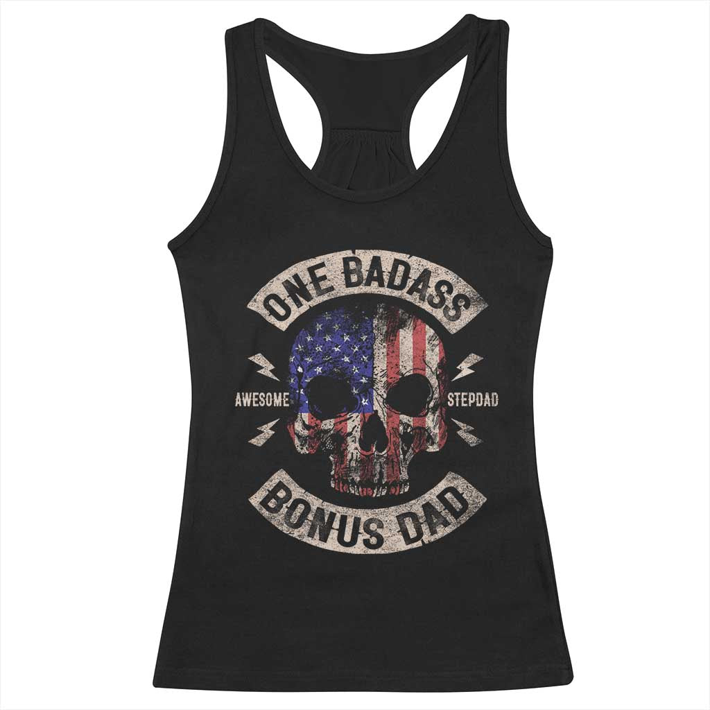 One Badass Bonus Dad Racerback Tank Top Vintage Step Dad American Flag Fathers Day TS10 Black Print Your Wear