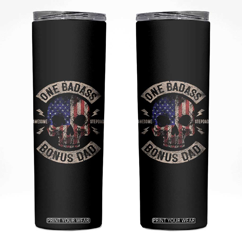 One Badass Bonus Dad Skinny Tumbler Vintage Step Dad American Flag Fathers Day TS10 Black Print Your Wear