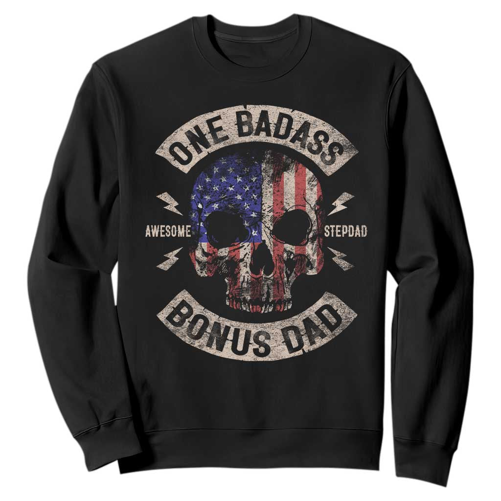 One Badass Bonus Dad Sweatshirt Vintage Step Dad American Flag Fathers Day TS10 Black Print Your Wear