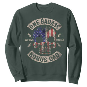 One Badass Bonus Dad Sweatshirt Vintage Step Dad American Flag Fathers Day TS10 Dark Forest Green Print Your Wear