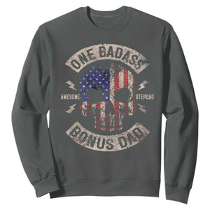 One Badass Bonus Dad Sweatshirt Vintage Step Dad American Flag Fathers Day TS10 Dark Heather Print Your Wear